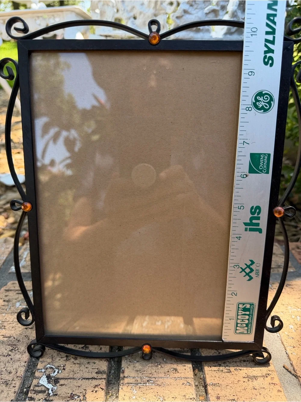 Ornate Black Metal 8x10 Photo Frame with Amber Accent - Hanging or Standing.